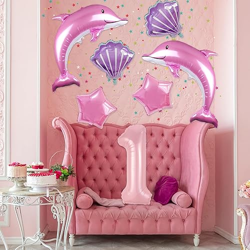 Miniatura 5 de Globos de delfín, 7 globos de aluminio de Mylar con número de cumpleaños de delfín rosa, decoraciones de fiesta para baby shower, primer cumpleaños,