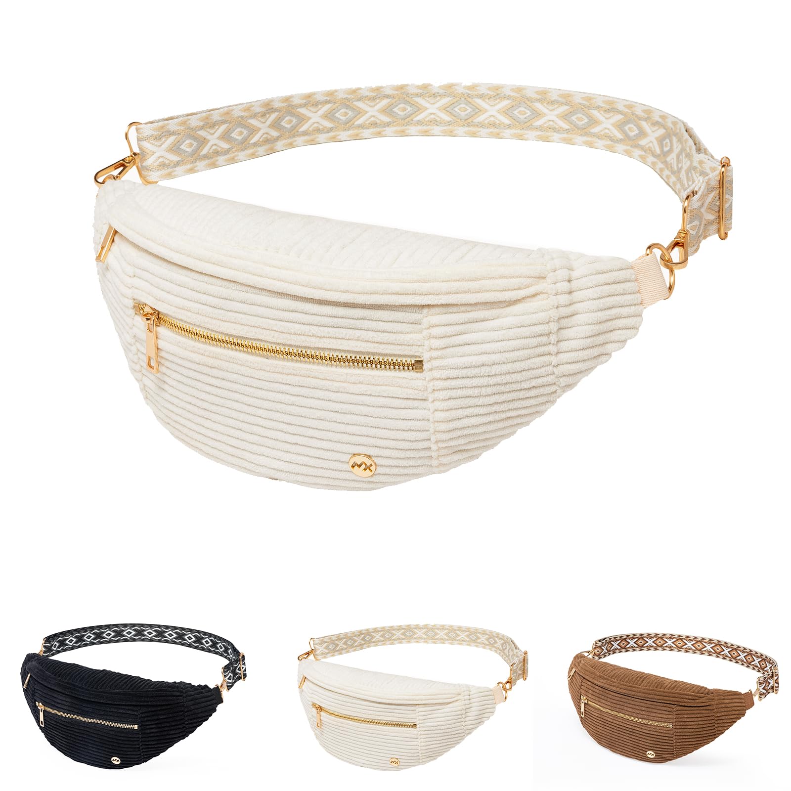 Beige Corduroy Crossbody Bag Women Vintage Boho Fanny Pack with Gold Zipper