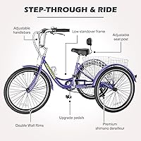 Vista 154 de H&ZT Triciclo para adultos, bicicleta de 3 ruedas, triciclo crucero, con engranaje de 7 velocidades, mango de freno de estacionamiento, escalón