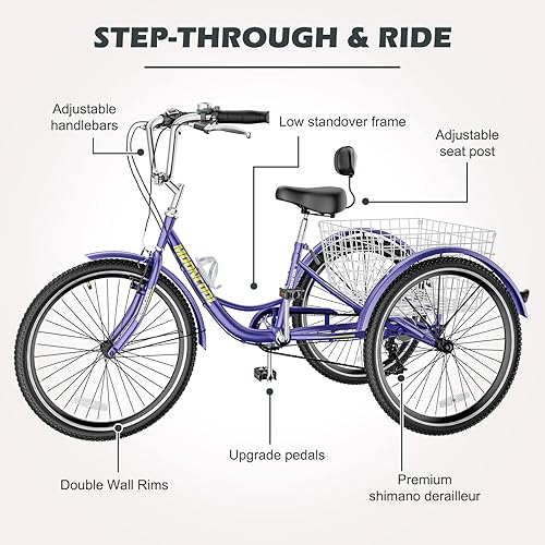 Miniatura 7 de H&ZT Triciclo para adultos, bicicletas de 3 ruedas para adultos, triciclo crucero, con cesta grande y herramientas de mantenimiento y desviador de 7