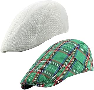 2 PCS Plaid newsie Newsboy Hat Flat Beret Cabbie Ivy Gatsby Cap -Lattice Stripe Adjustable Paperboy