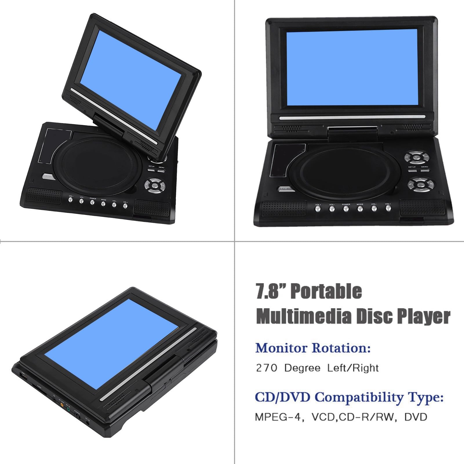 Lecteur DVD Portable 7 Pouces,LCD TV 16: 9 Prise en Charge AVI EVD DVD, SVCD, VCD, CD, CD-R/RW, Images JPG et MPEG-4, avec Lecteur De Carte Intégré pour Les Voyages en Voiture(Noire)