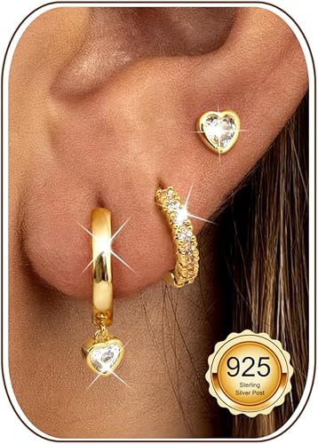 LOLIAS 3 Pares Pendientes Mujer Plata de Ley 925 Chapada en Oro Dorados de 14K P