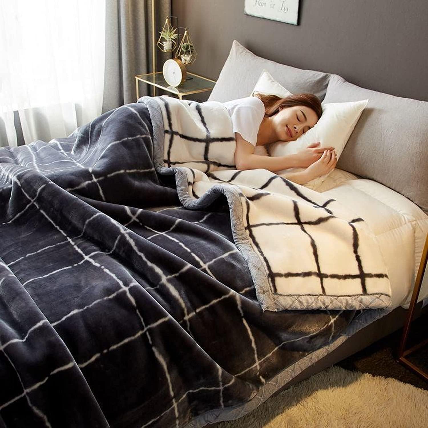 LGYKUMEG Heavy Winter Fleece Plush Blanket King Size,Korean Mink Blanket,Silky Soft And Warm, 2 Ply Reversible Raschel Bed Blanket,Gentleman,180x220cm