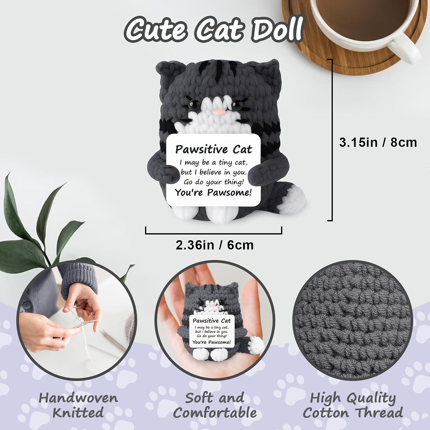 Positive Dark Grey Crochet Cat Mini Handmade Emotional Support Animal Gift, Funny Stress Relief Gift for Cat Lovers, Women, Friends, Birthday, Graduation, Mother's Day Present, Home Office Desk Decor