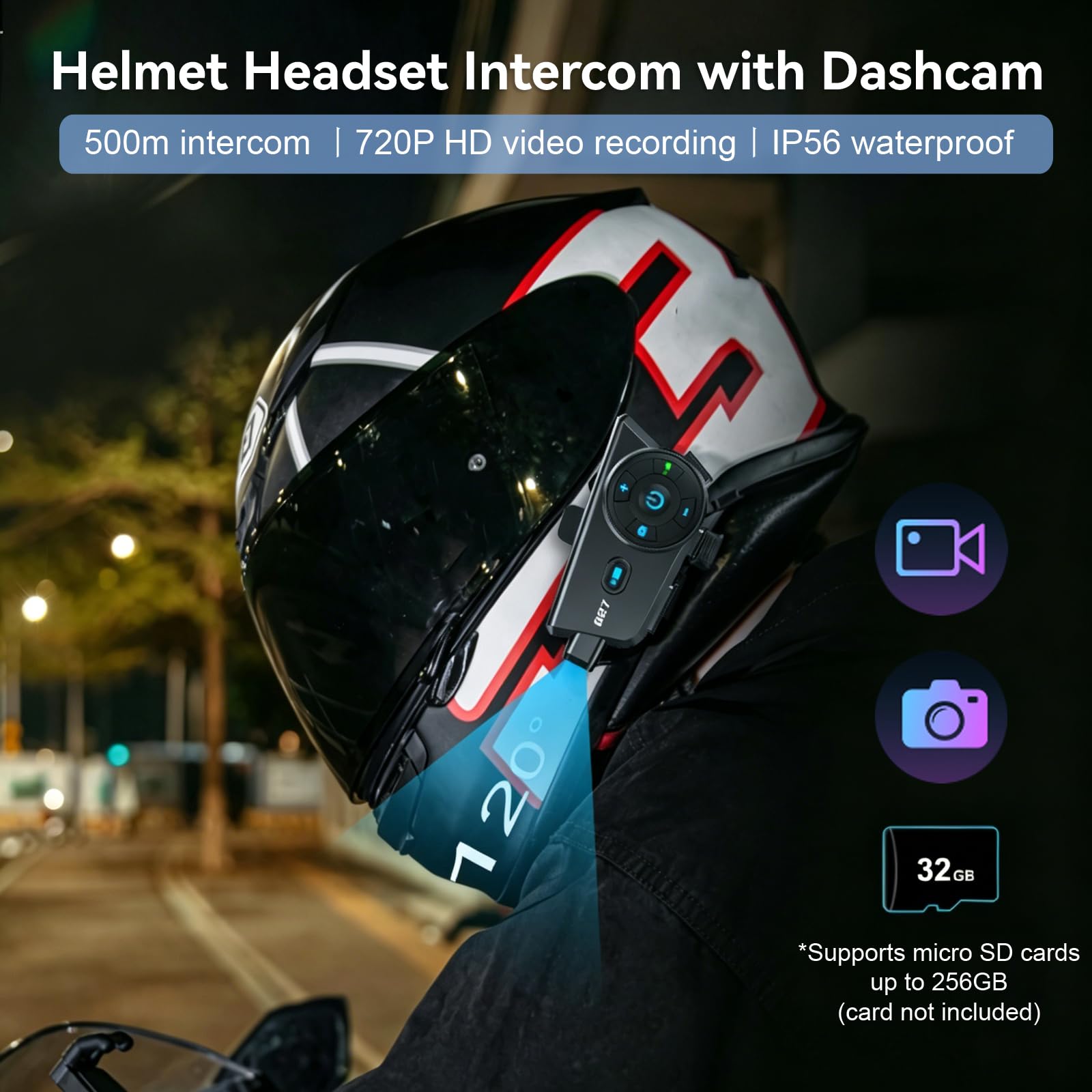 Intercomunicador Bluetooth para casco de motocicleta con cámara de salpicadero, grabación de video HD 720P, cámara de casco de motocicleta, intercomunicador manos libres, IP56 impermeable, tiempo de