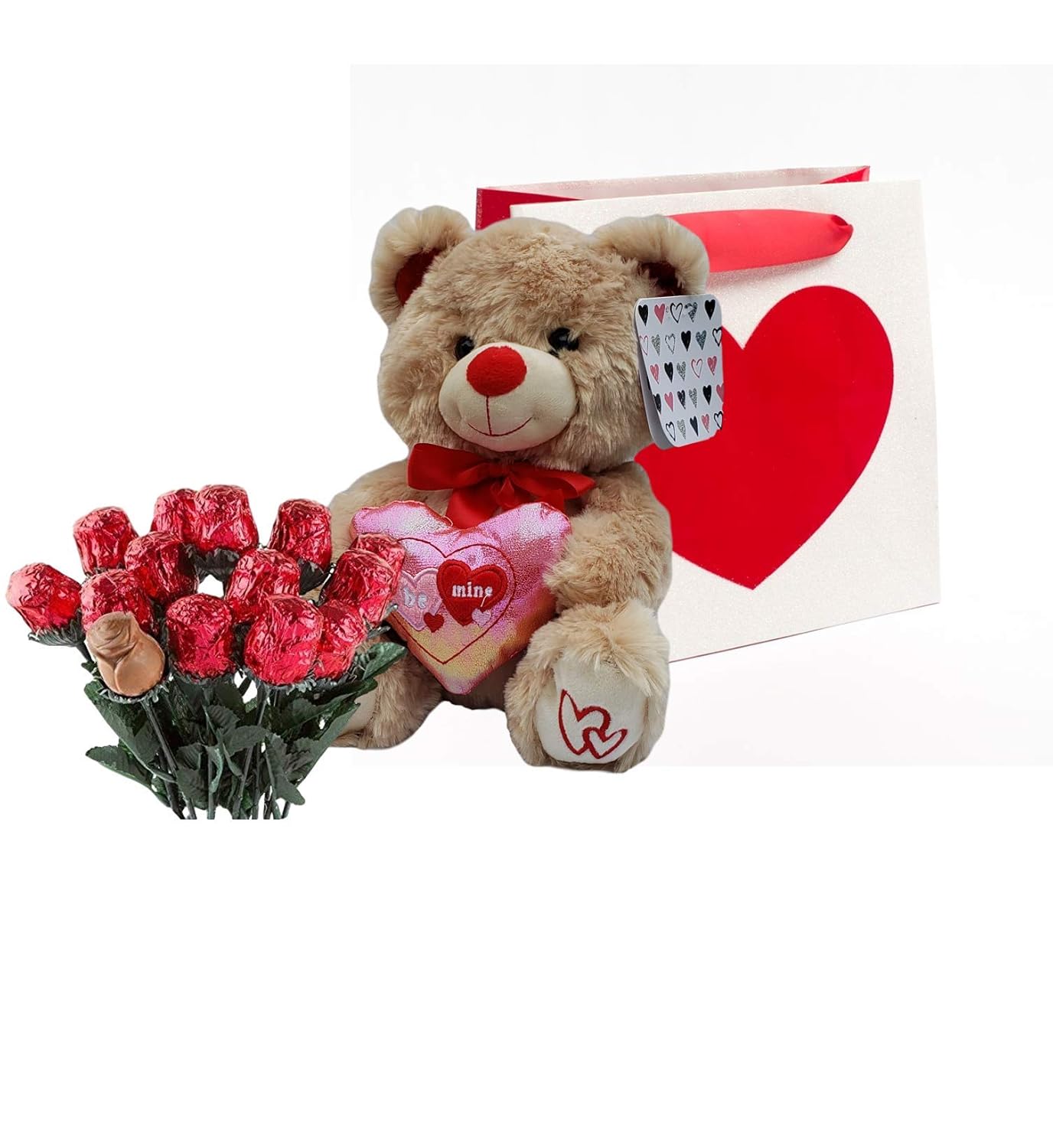 Valentines Day Gift Basket | 10 Inches Teddy Bear Plush (Color May Vary), Valentine Theme Gift Bag & A dozen Belgian Milk Chocolate Roses Bouquet 2.11 ounce | For Her Wife Girlfriend Mother Daughter