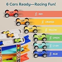 Vista 6 de TOP Bright Rampa de madera para autos de pista de carreras para niños pequeños de 1 a 3 años con 6 mini autos, 1 garaje para automóviles y puentes