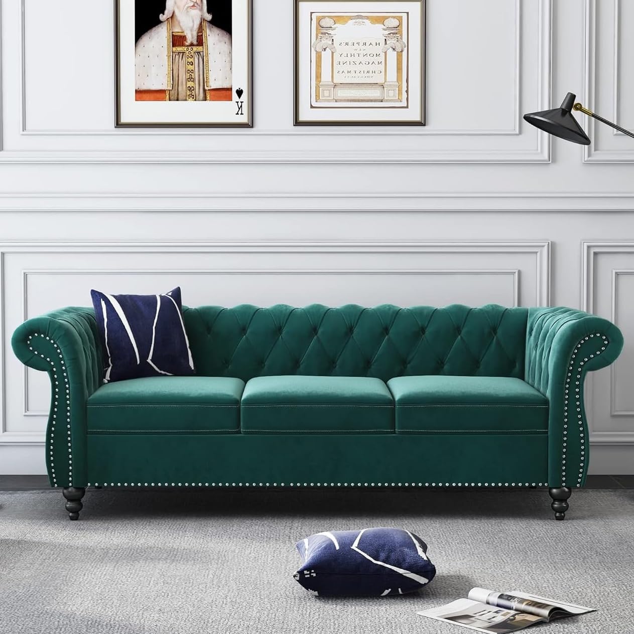 AVZEAR 3 seat Sofa, Velvet Sofa Living Room Sofa Large Sofa Modern Chesterfield Fabric Modern 3 Seater Couch Furniture Classic Tufted Chesterfield