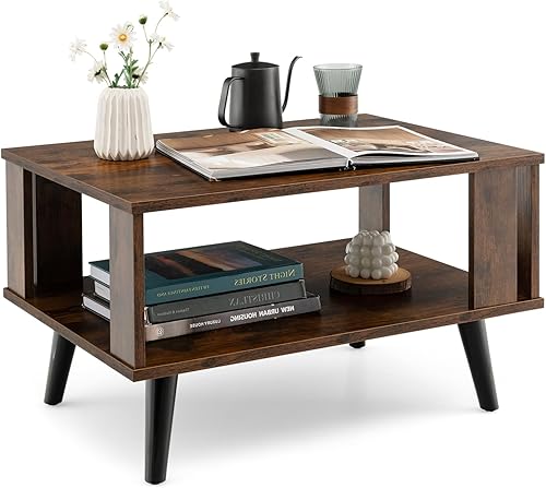 Mesa auxiliar pequeña, mesa de centro industrial de 2 niveles con estante de almacenamiento abierto, deflectores laterales, mesa de té, mesa