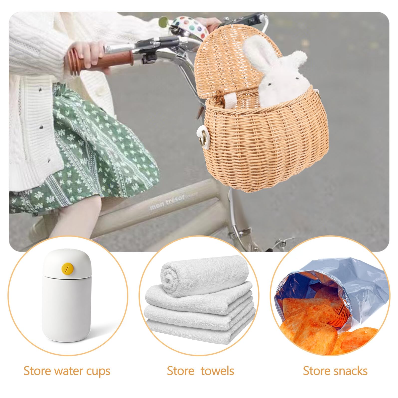 Cesta de Bicicleta para Niños, Canasta Frontal Amarilla de Ratán