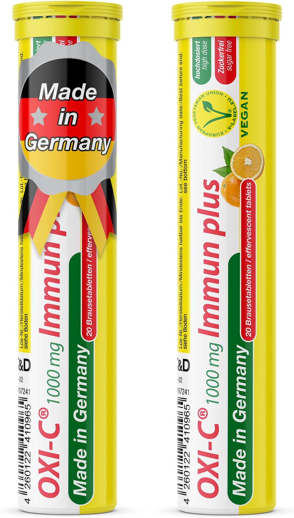 Vitamin C 1000 mg - 2 x 20 effervescent Tablets - Orange Flavour - Vegan - T&D Pharma Oxi-C Immun Plus - Made in Germany