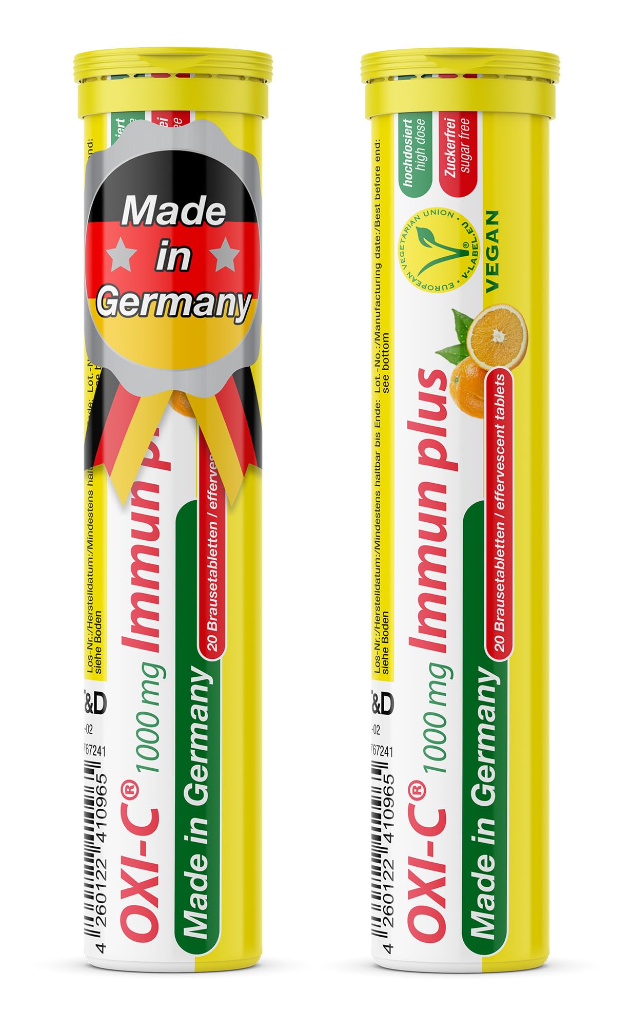 Vitamin C 1000 mg - 2 x 20 effervescent Tablets - Orange Flavour - Vegan - T&D Pharma Oxi-C Immun Plus - Made in Germany