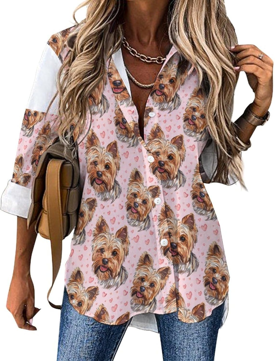 Cute Yorkie Dog Novelty Women's Button Down Shirts Casual Long Sleeve Blouses V-Neck Tops