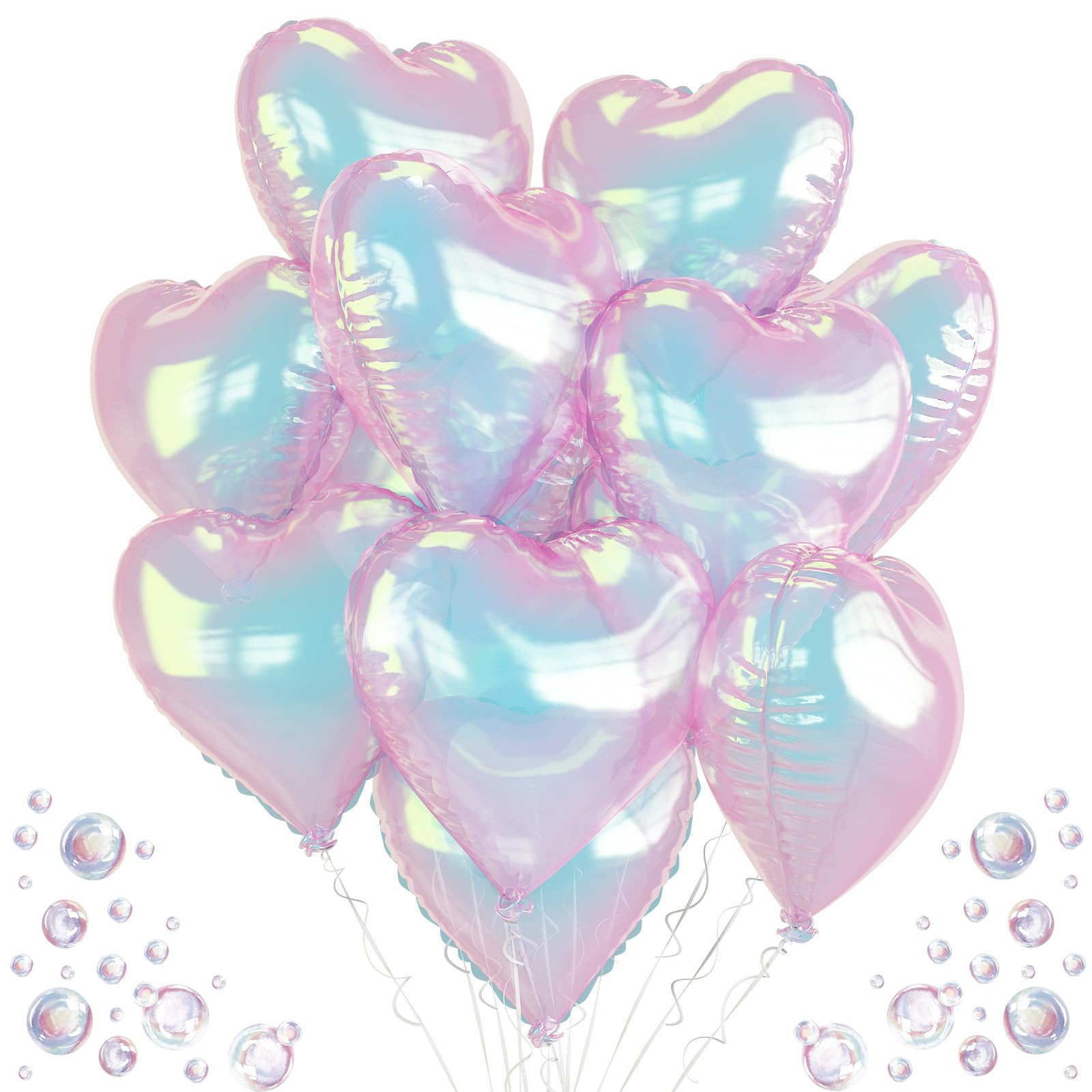 Iridescent Heart Balloons 9PCS 18In Transparent Laser Heart Foil Balloon Large Gradient Crystal Iridescent Colorful Balloon for Birthday Wedding Easter Rainbow Winter Mermaid Fantasy Theme Party Decor