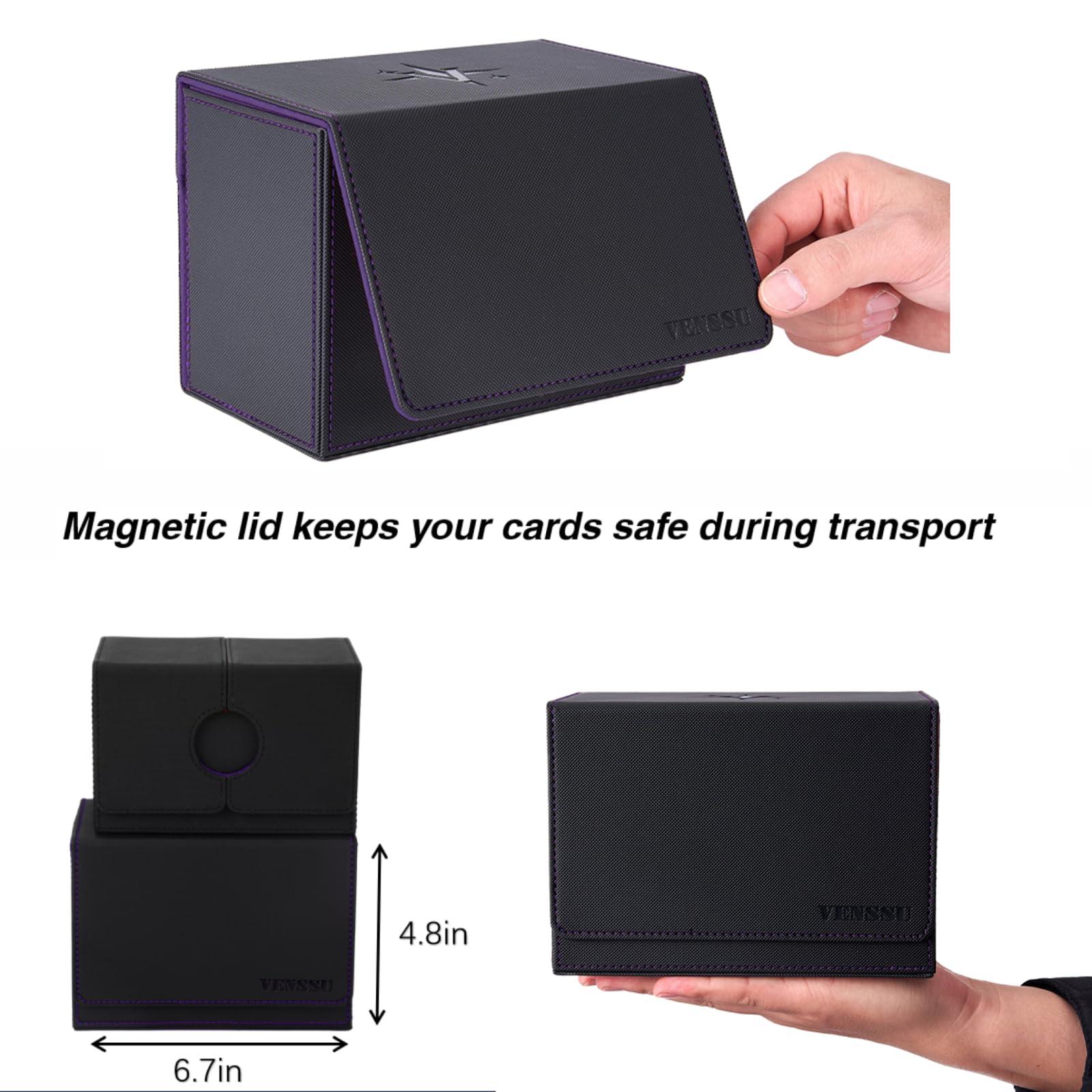 Venssu MTG - Caja para cartas Commander o Prime con bandeja de dados, caja de cartas para 200 tarjetas de una sola manga, caja de almacenamiento de tarjetas TCG con 2 separadores y 1 tarjetero
