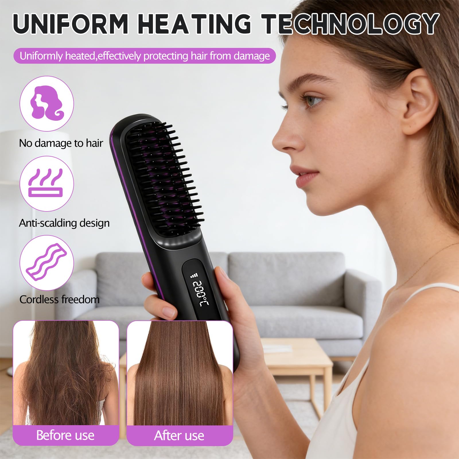 Cepillo Alisador de Pelo Inalámbrico, Cepillo de Pelo con Iones Negativos, con pantalla LED, Recarga USB, 3 niveles de temperatura para cabello liso, rizado y seco, compacto y portátil (Negro)