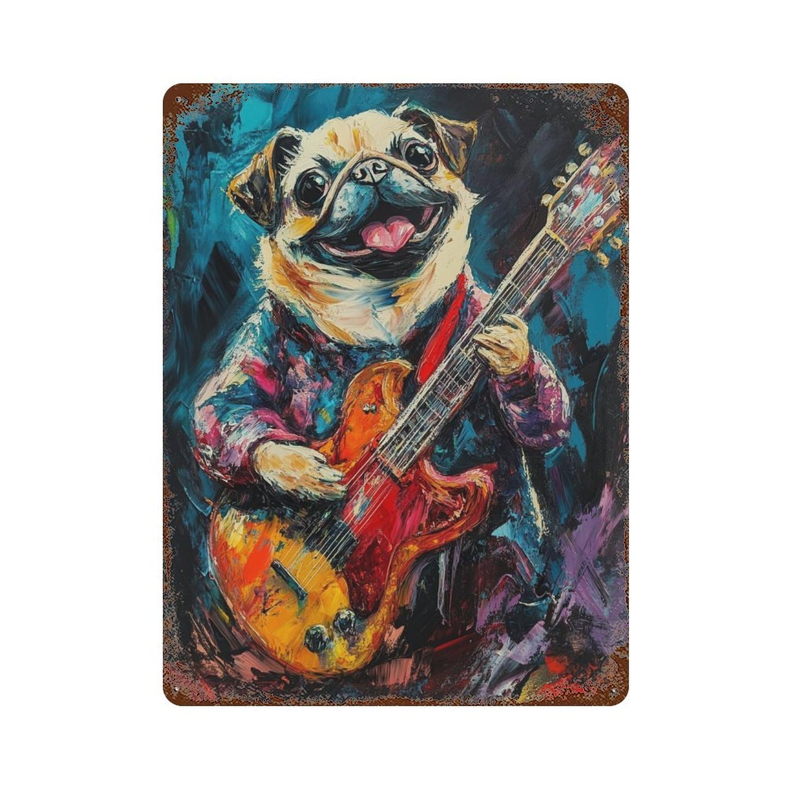 Pug Playing Guitar Painting Decorative Tin Sign 15.7"x11.8", Shabby Chic Decor for Garage, Pub Or Kitchen