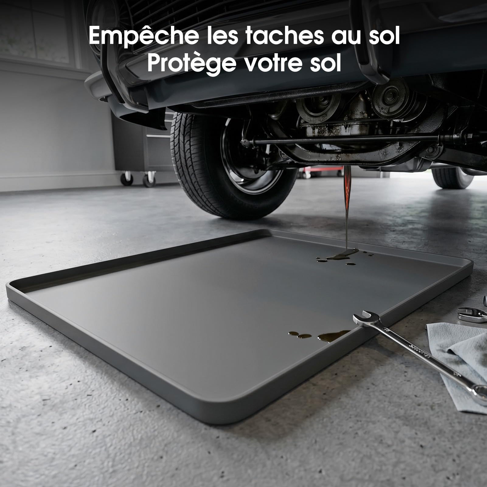 Bac de Récupération D'huile en Silicone 86 X 56 Cm, Pliable, Flexible, Résistant aux Fissures, Anti-Fuite, Multi-usages, Garage, Atelier, Voyage, Voiture, Réparation, Tapis de (Gris Plat)