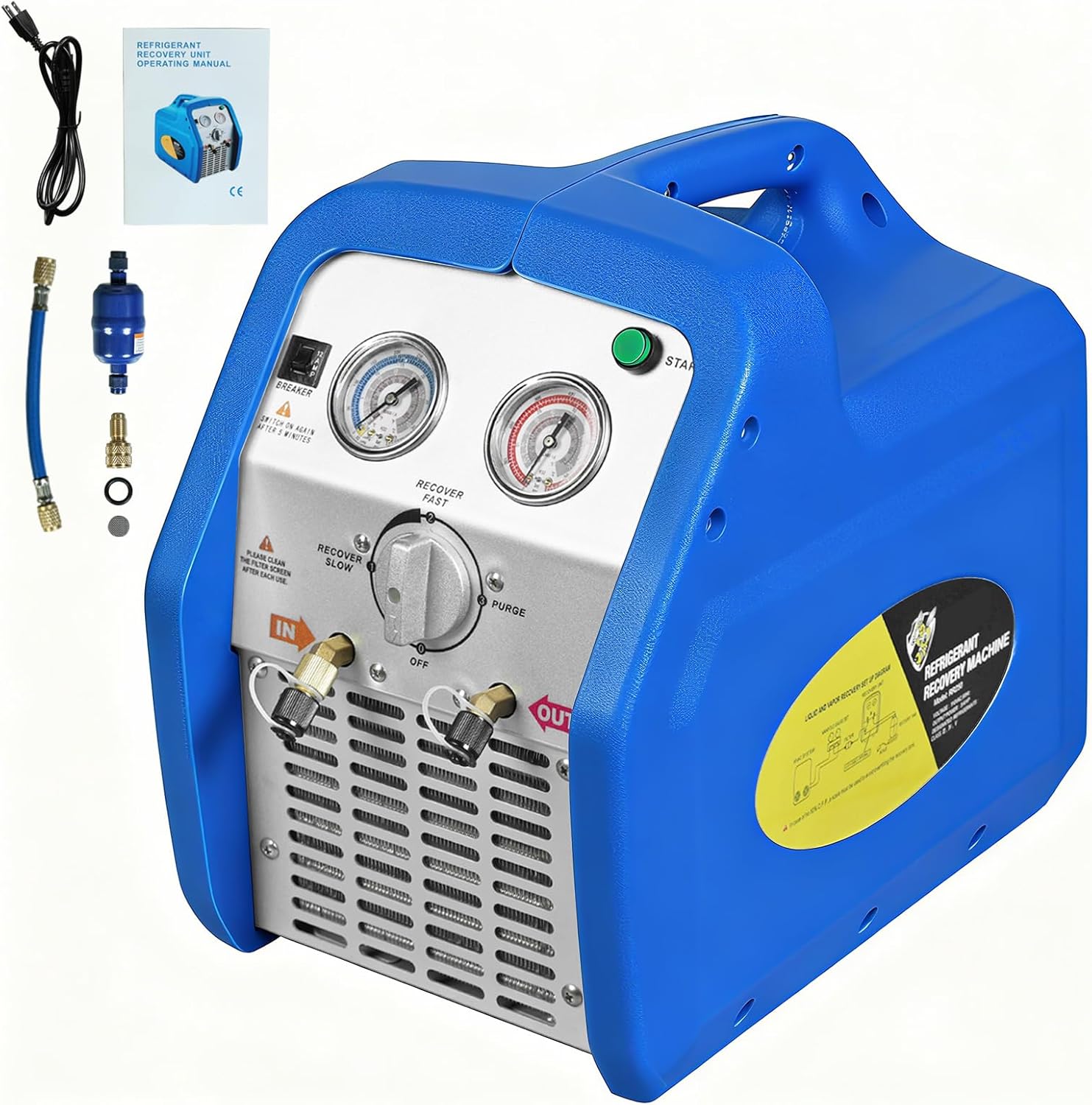 3/4 HP Refrigerant Recovery Machine R32 R1234yf Portable AC Recovery Machine HVAC Self-Cleaning Single Cylinder Oil-less Freon Recycling Unit for Liquid Vapor Refrigeran