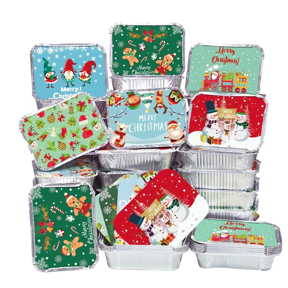 42 contenitori natalizi in lamina di latta con coperchio, rettangolari in alluminio, usa e getta, avanzi di cibo, biscotti, per feste di Natale, cottura e arrosti