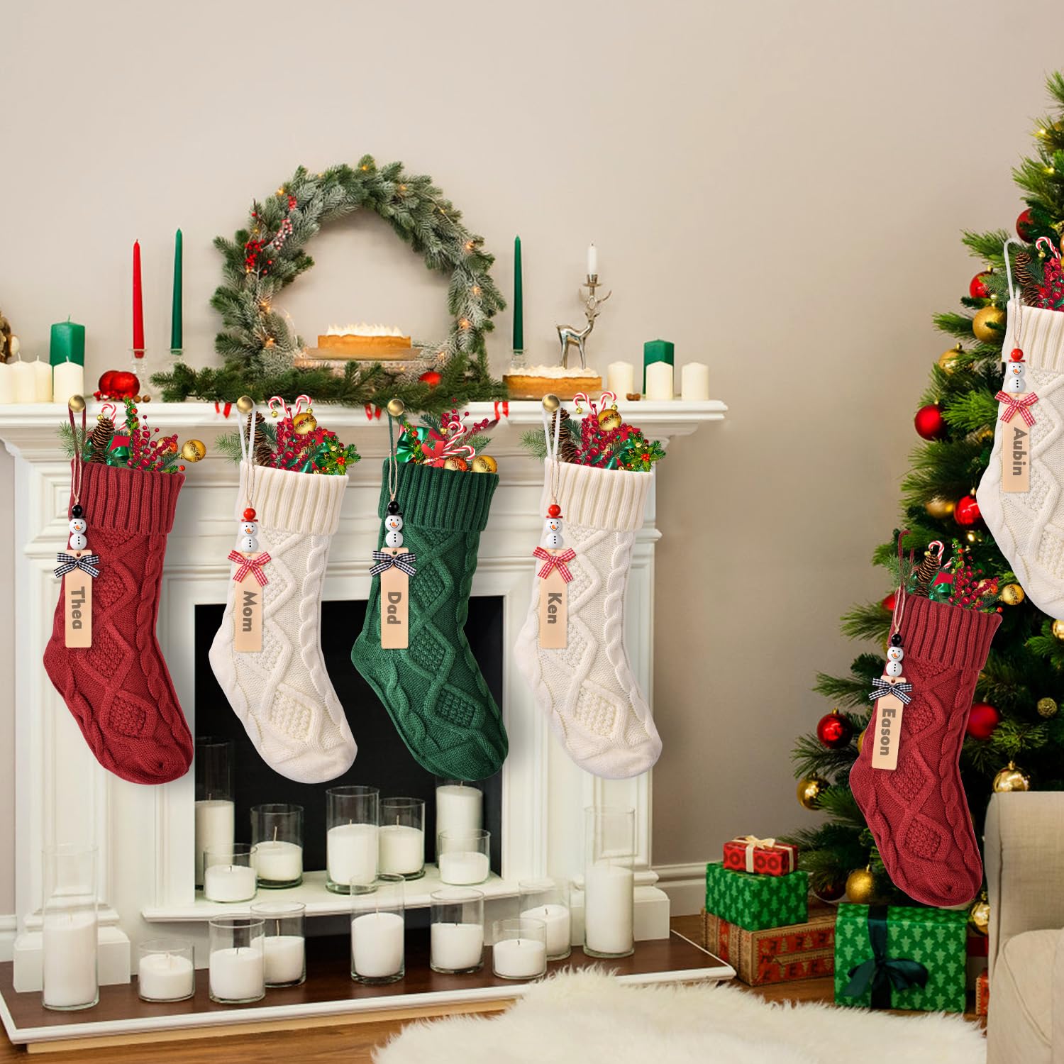 Paquete de 4 medias de Navidad personalizadas con etiquetas de muñeco de nieve, juego de 4 medias familiares con nombre personalizado para Navidad, medias de Navidad de punto trenzado grandes de 18