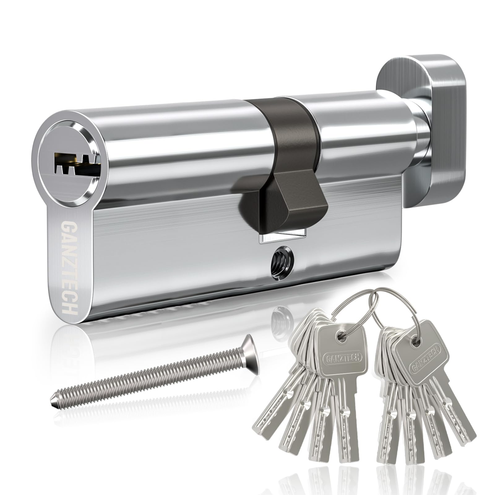 GANZTECH 45T/50(95mm),Chrome Door Barrel Lock,Key knob with 8 Horizontal Dimple Keys,Aluminum Alloy Euro Cylinder Lock,Secure Stable for Wooden,Composite Doors and UPVC