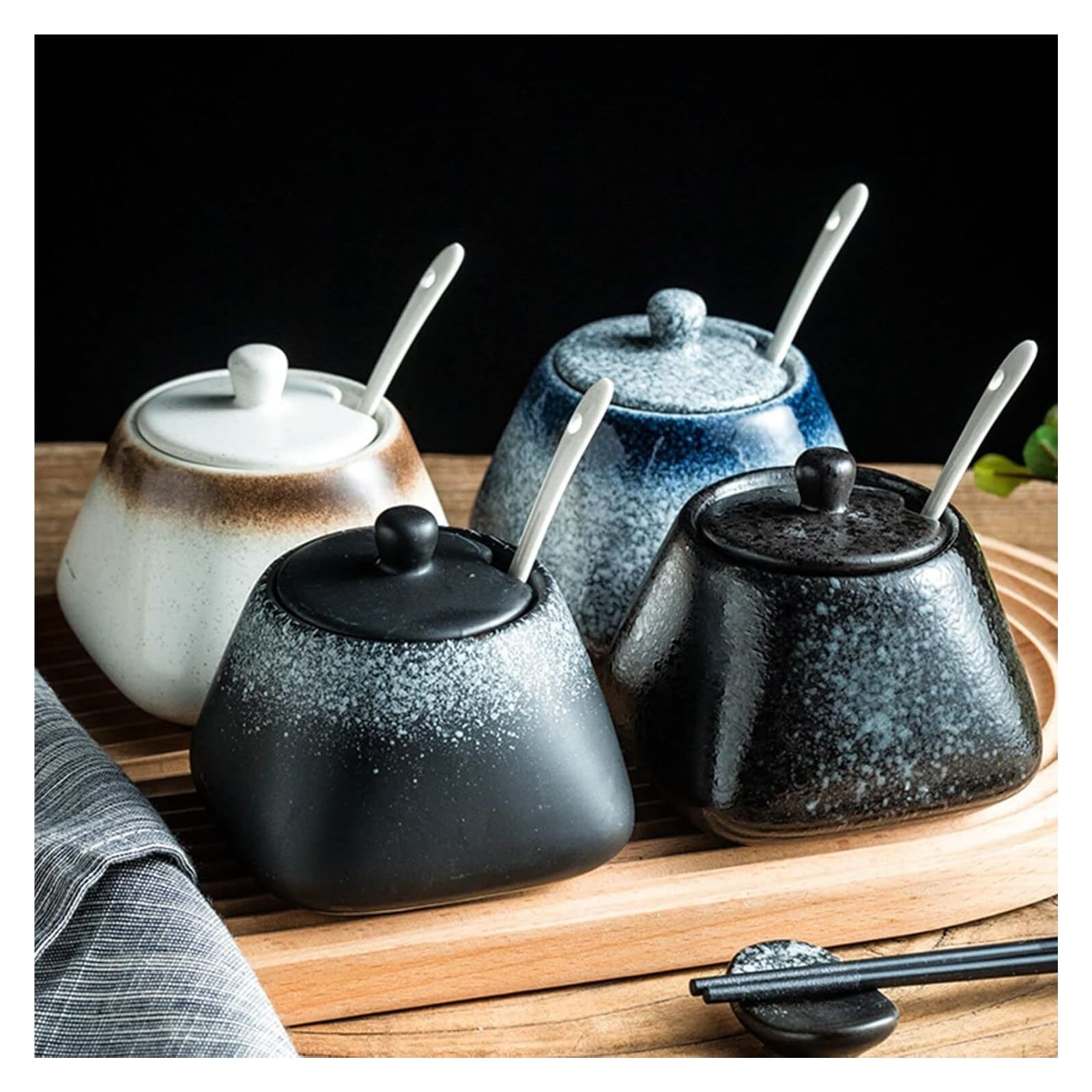 Sucrier, sucrier, sucrier en céramique de couleur unie avec couvercle, sucrier en porcelaine avec cuillère, petit pot à sel, pot de rangement, for café-bar, restaurant(Blue)