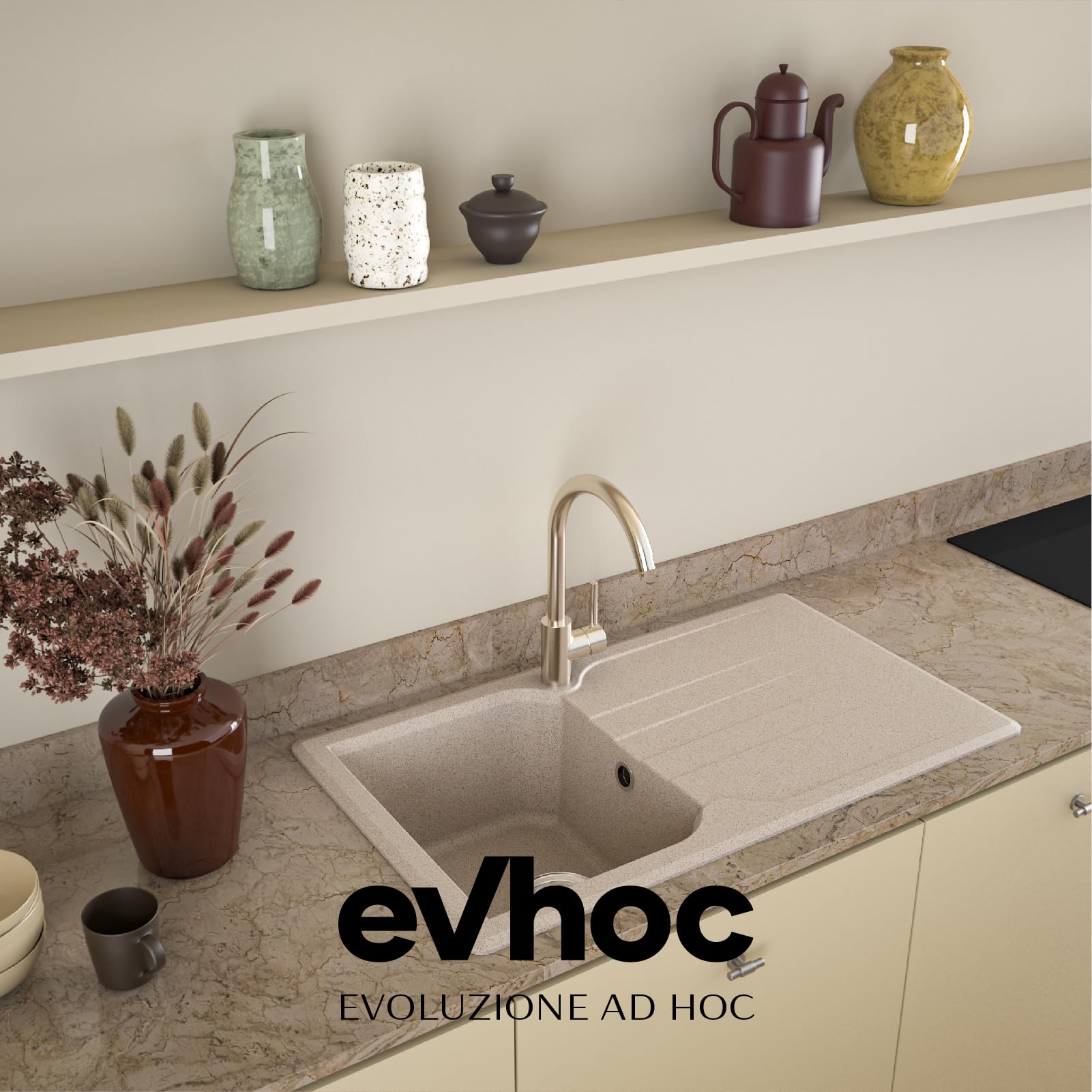 Evhoc Lavello Cucina Sopratop 86x51 cm, 2 Vasche, Lavandino Doppia Vasca in Kuarzite, Piletta Inclusa, Made in Italy, Nero, ADHOC M