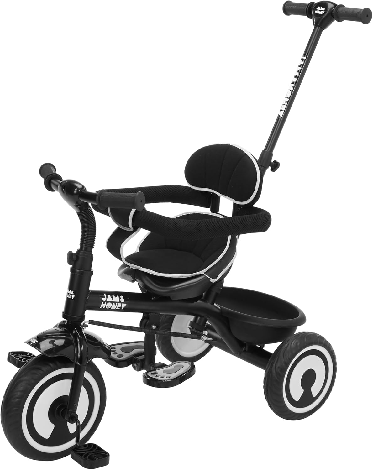 Amazon Brand - Jam & Honey Plug and Play Kids Tricycle with Padded Seat Storage Handle (Black)