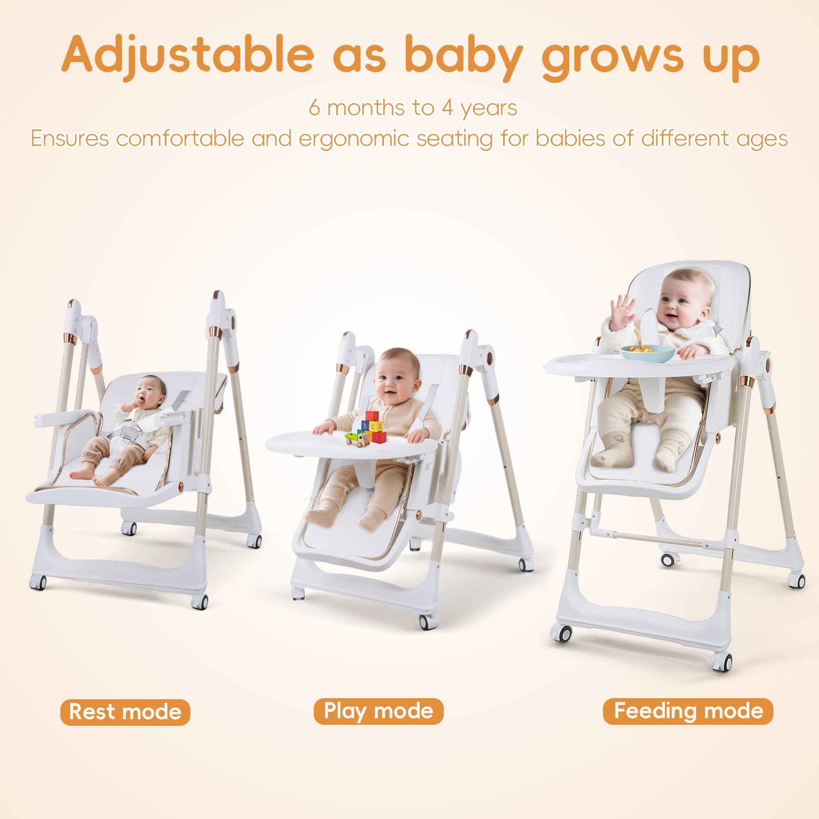 Seggiolone Pappa, Ergonomico, Confortevole, Regolabile, Pieghevole, Ripiano Smontabile, per Bambini, 6 Mesi - 3 Anni, 80x 53 x104cm (Bianco)