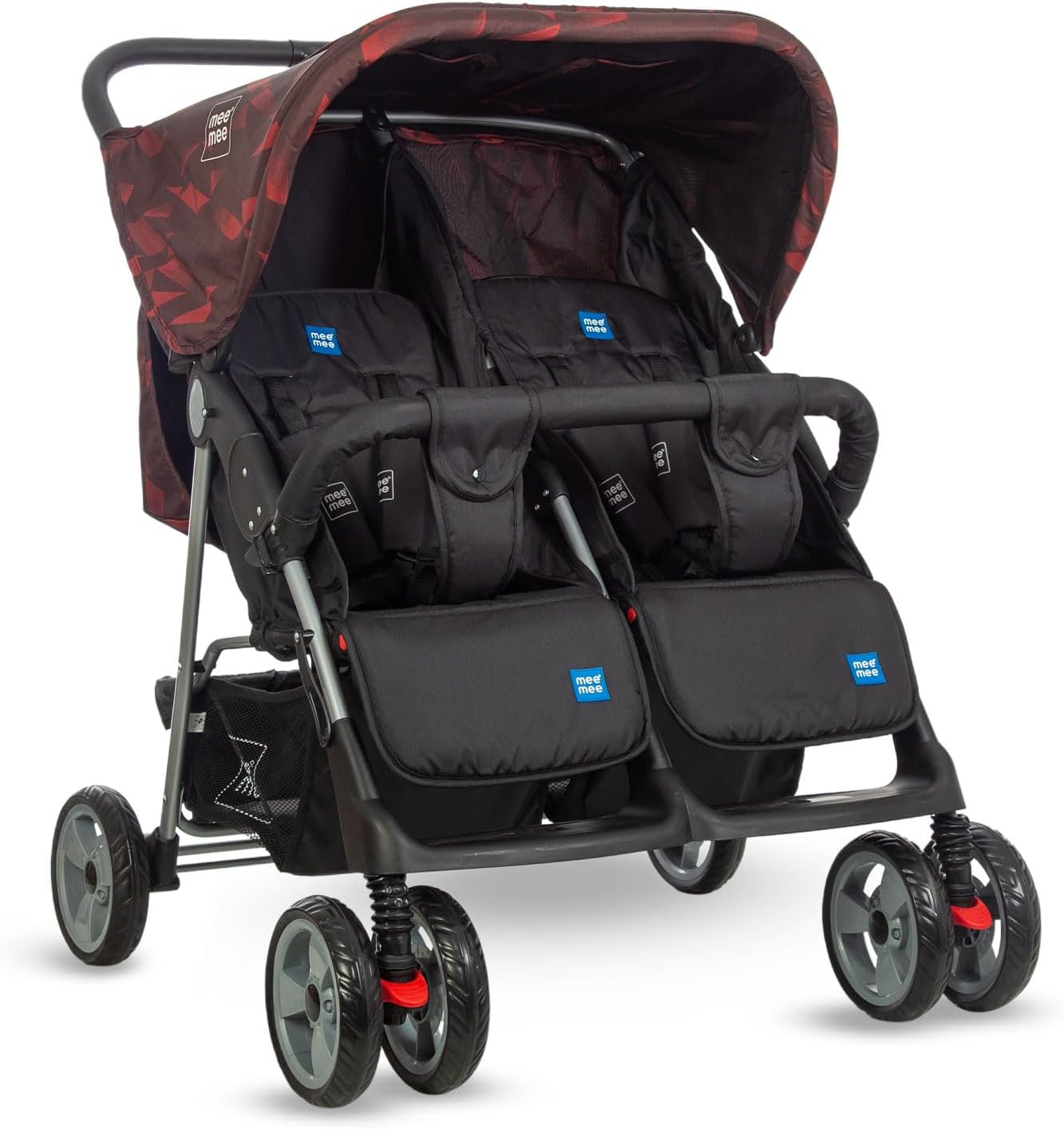 Mee Mee Twin Baby Stroller & Pram Easy Foldable with Adjustable Seating Positions | Age 0-2 yrs & Weight Upto 20 Kg Twins Buggy Stroller/Two Babies Pram/Kids/Infants (Red)