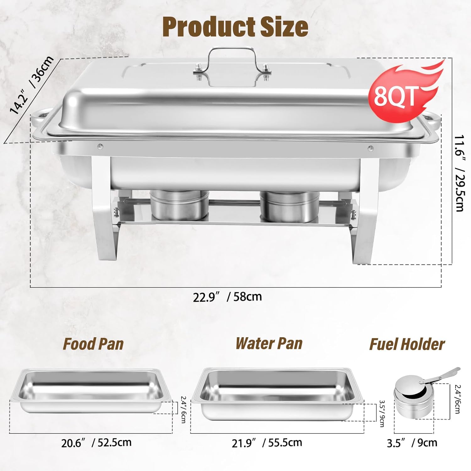 Chafing Dish Buffet Set, 4 Pack 8QT Chafing Dish High Grade Stainless Steel Chafer Complete Set, Kitchen and Dining Utensils, Gray Handle, Silver