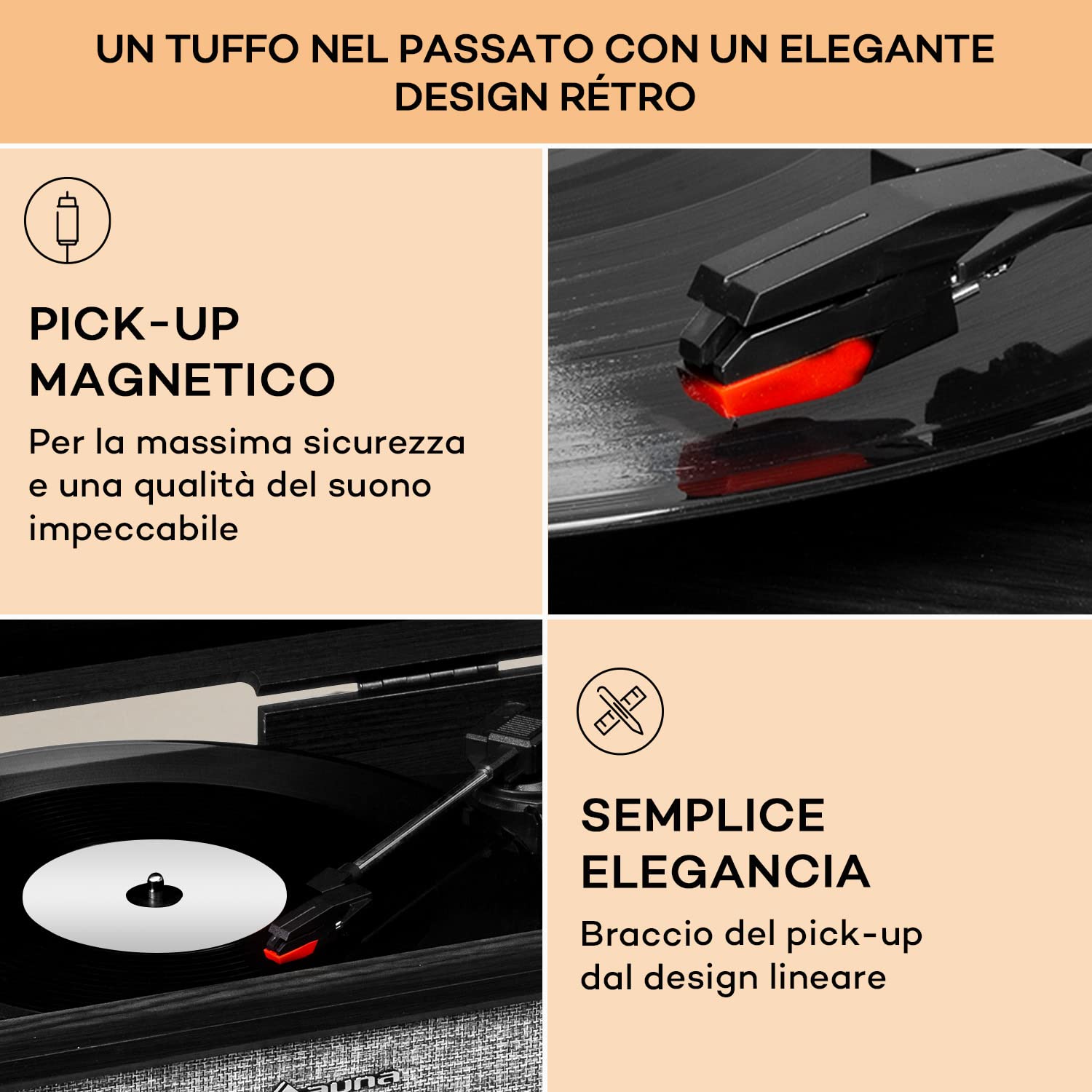Auna Giradischi Bluetooth per Dischi in Vinile, Lettore a 3 Velocità di Riproduzione, Giradischi Vinili Vintage con Casse Stereo, Gira Dischi per Vinile CD USB con Jack per Cuffie e Adattatore, Nero