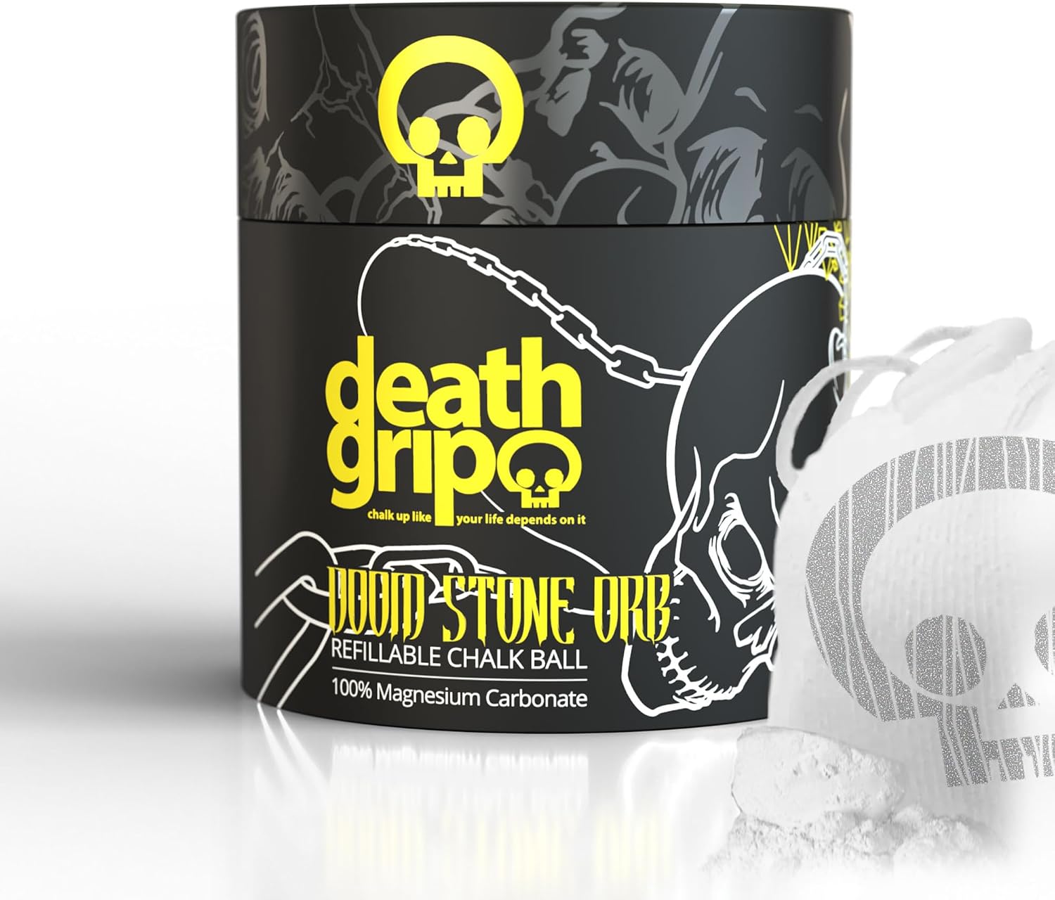 Death Grip Doom Stone Orb Refillable Chalk Ball – 2 oz (60g) Magnesium Carbonate Hand Chalk for Rock Climbing, Weightlifting, Gymnastics & Bouldering – Precision Grip, Low-Mess Chalk