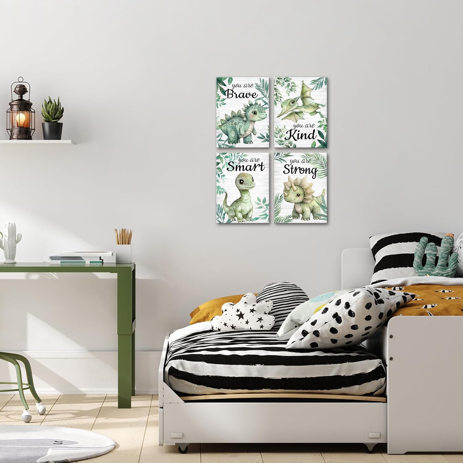 Artmyharbor Woodland Nursery Decor Sage Green Wall Art for Bedroom 4 Piece Wall Art Dinosaur Print - Image 2