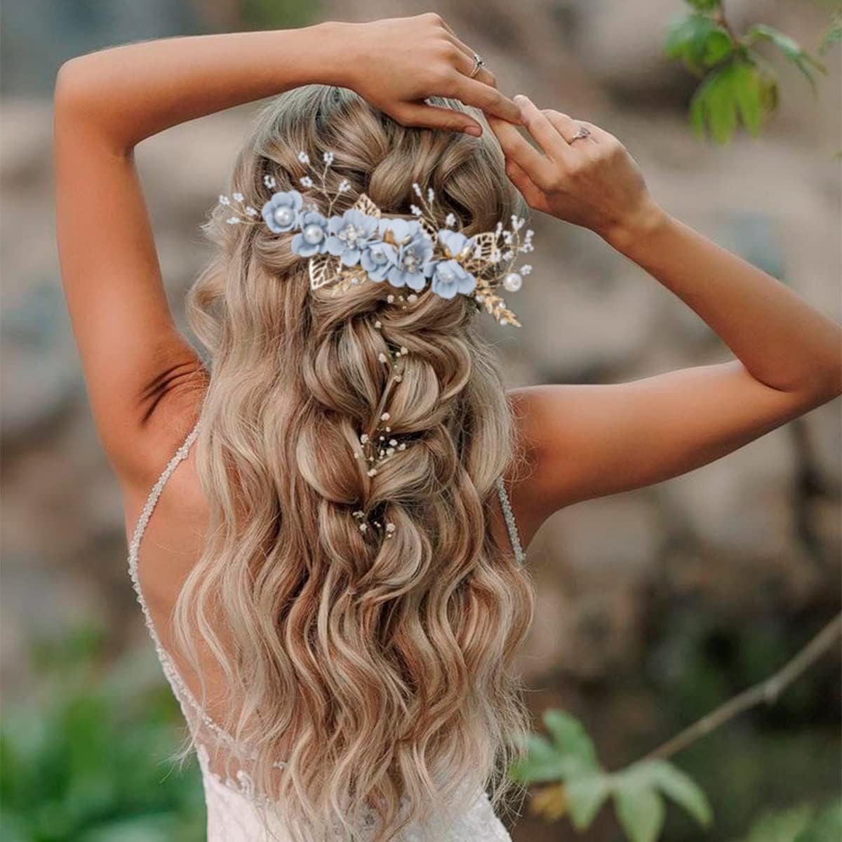 4 Pieces Bridal Flower Wedding Hair Comb Rhinestones Crystal Floral Hair Pins Hair Clips Wedding Hair Accessories Hair Jewelry for Brides Bridesmaids Women Girls(Blue) - Image 2