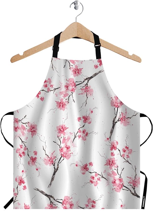 WONDERTIFY Watercolor Cherry Blossom Apron,Floral Print Pattern Sakura Branch Pink White Bib Apron with Adjustable Neck for Men Women,Suitable for Home Kitchen Cooking Waitress Chef Grill Bistro Apron