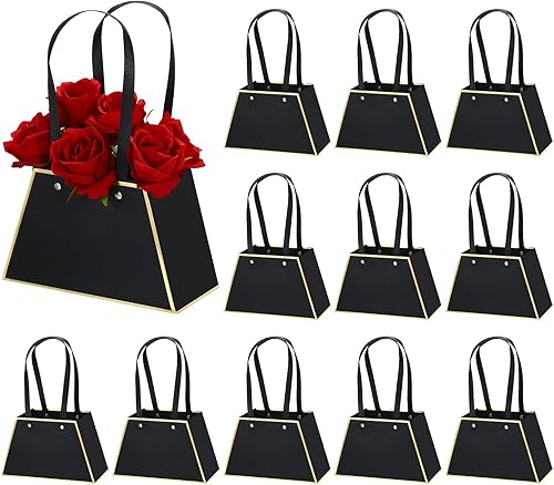 PATIKIL Bolsas de regalo de flores de papel, 12 bolsas de regalo de flores de ramo de papel con asa bolsa de mano con ribete trapezoidal para