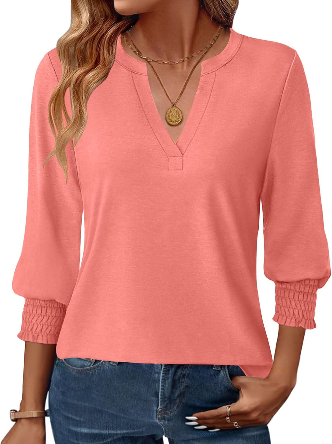 GKBK Womens 3/4 Sleeve Shirts V Neck Dressy Casual Spring Summer Blouses with Smocked Cuffs