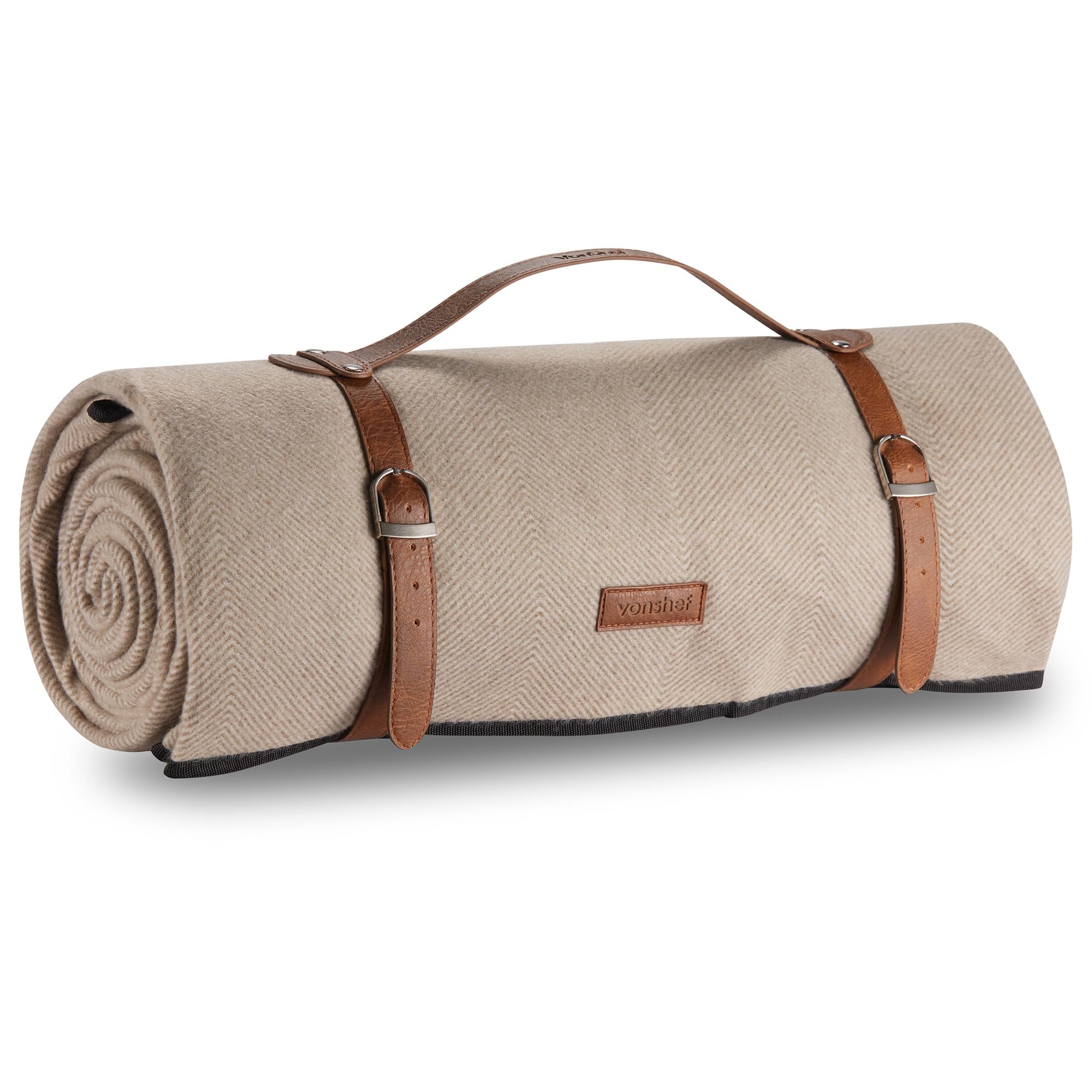 VonShef Picnic Blanket - Beige Herringbone Outdoor Rug with Waterproof Backing - 10 Person Weatherproof Picnic Mat with Faux Leather Handle - Travel Blanket Camping Accessories - 200x300cm โ image 1