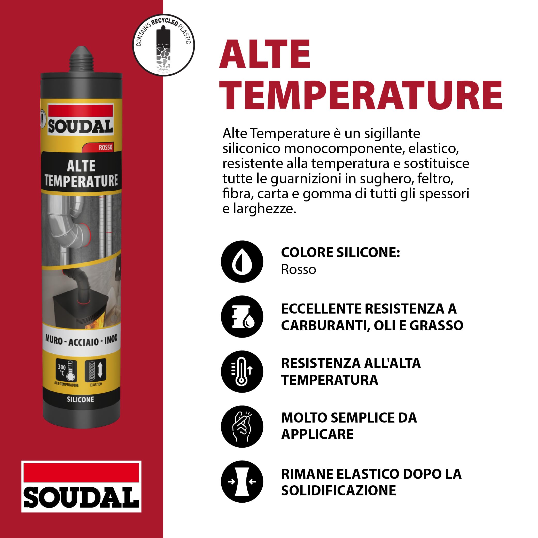 Soudal, Silicone Alte Temperature, 310ml, Rosso, Resistente a Oli e Carburanti, Per Sigillature a Caldo, Ideale per Componenti Metallici e Riscaldamenti