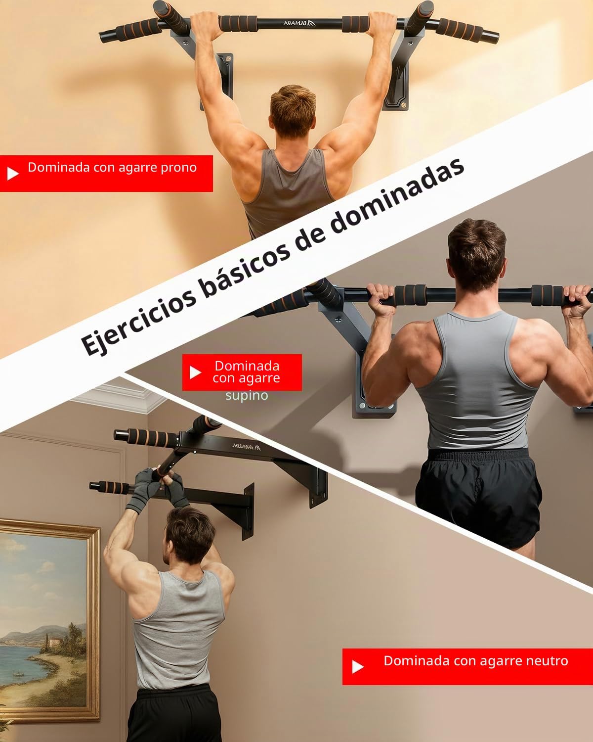 Abahub Barra de Dominadas con 3 Agarre y Estructura Triangular, Montaje a Pared (200kg) - Ideal para Calistenia y un Home Gym Seguro – Negro/Naranja