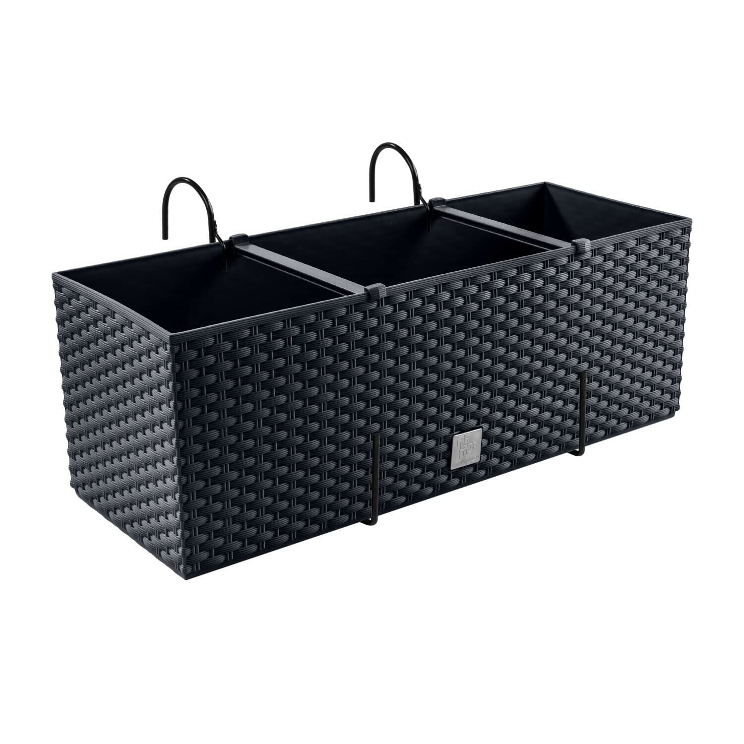 PAFEN 6X Blumenkasten Blumentopf Rattan-Optik mit Halterungen Pflanztopf Balkonkasten Pflanzkästen, Anthrazit