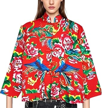 Chinese Retro Floral Jacket Unisex Funny Fashion Blouse for Men & Women Bold Red & Multicolor Vintage Shirt Traditional Hanfu-Sexy Costume, Mardi Gras Valentines Day