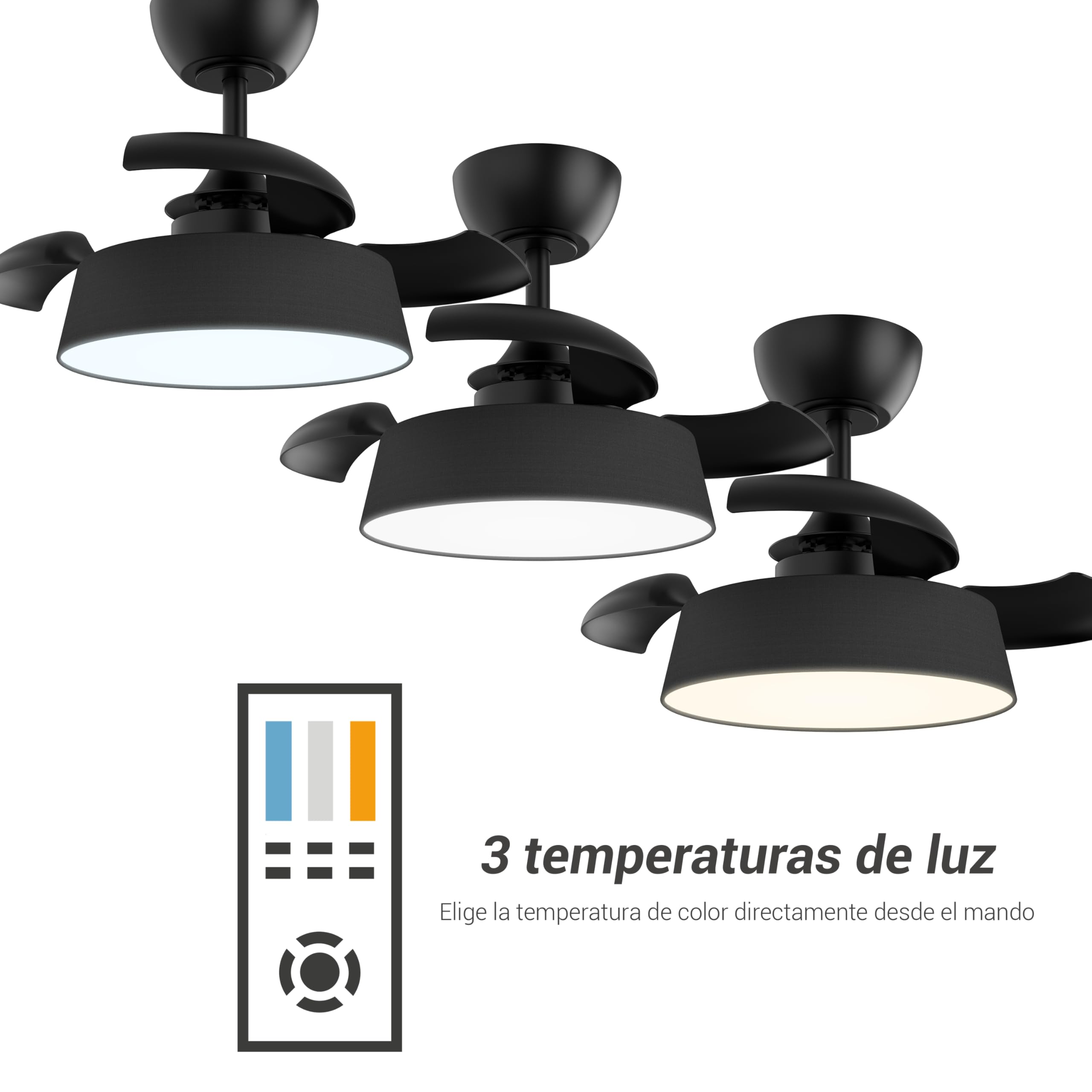 Sulion - Ventilador de Techo con Luz y Palas Retráctiles Wizz Stilo – Motor DC Silencioso, Luz Regulable 3000K–5500K, Función Verano/Invierno, Mando a Distancia – Ø55 cm