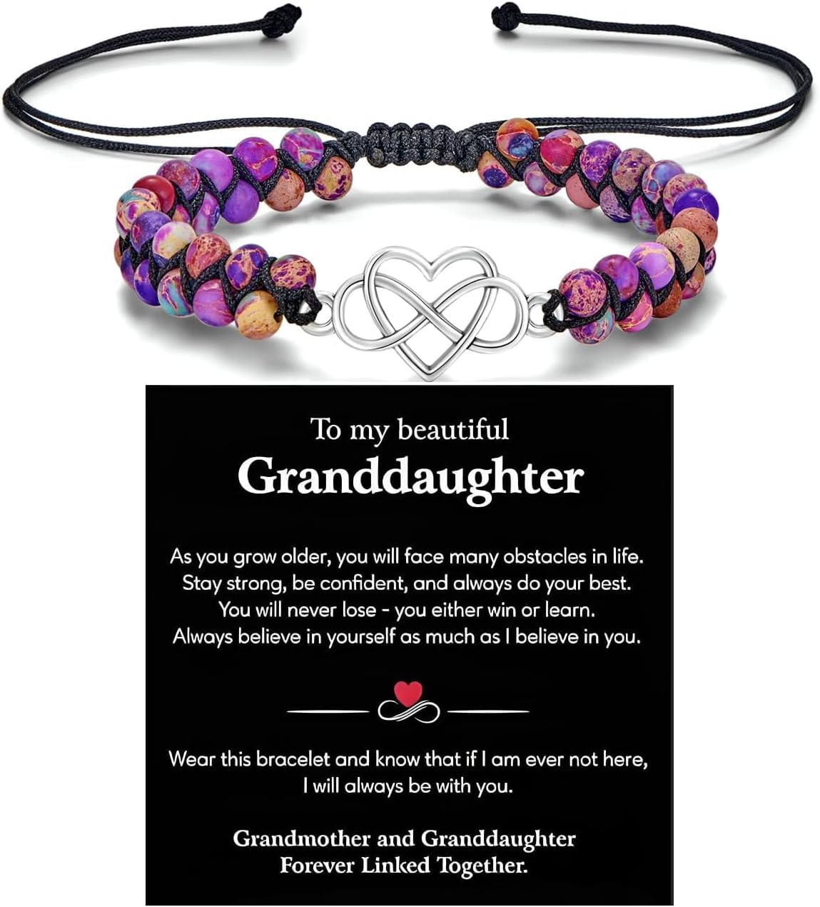 To My Granddaughter-Infinity Forever Love Heart Bracelet, You Are Always In Mine Heart From Grandma Natural Emperor Stone Double Layer Purple Beaded Woven Wrap Adjustable Mind Peace Gift Jewelry For Women