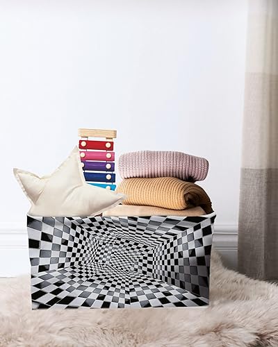 Miniatura 7 de Cestas de almacenamiento grandes abstractas modernas con geometría minimalista a cuadros negros y blancos, caja de almacenamiento plegable,