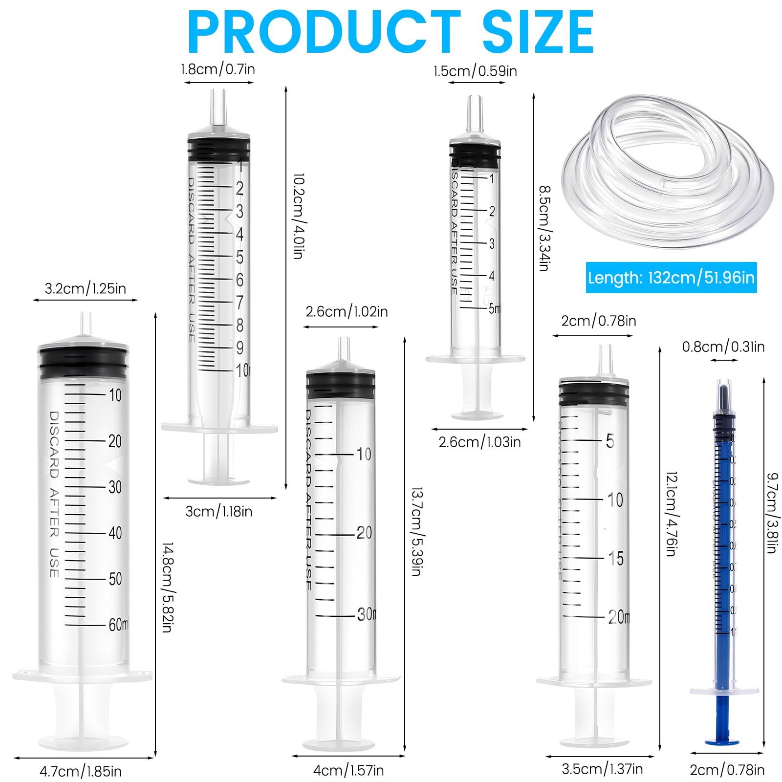 Zestaw 6 Strzykawek Wielokrotnego Użytku, 1 ml, 5 ml, 10 ml, 20 ml, 30 ml, 60 ml z Wężem, Do Laboratoriów, Karmienia Zwierząt i Nawadniania Roślin