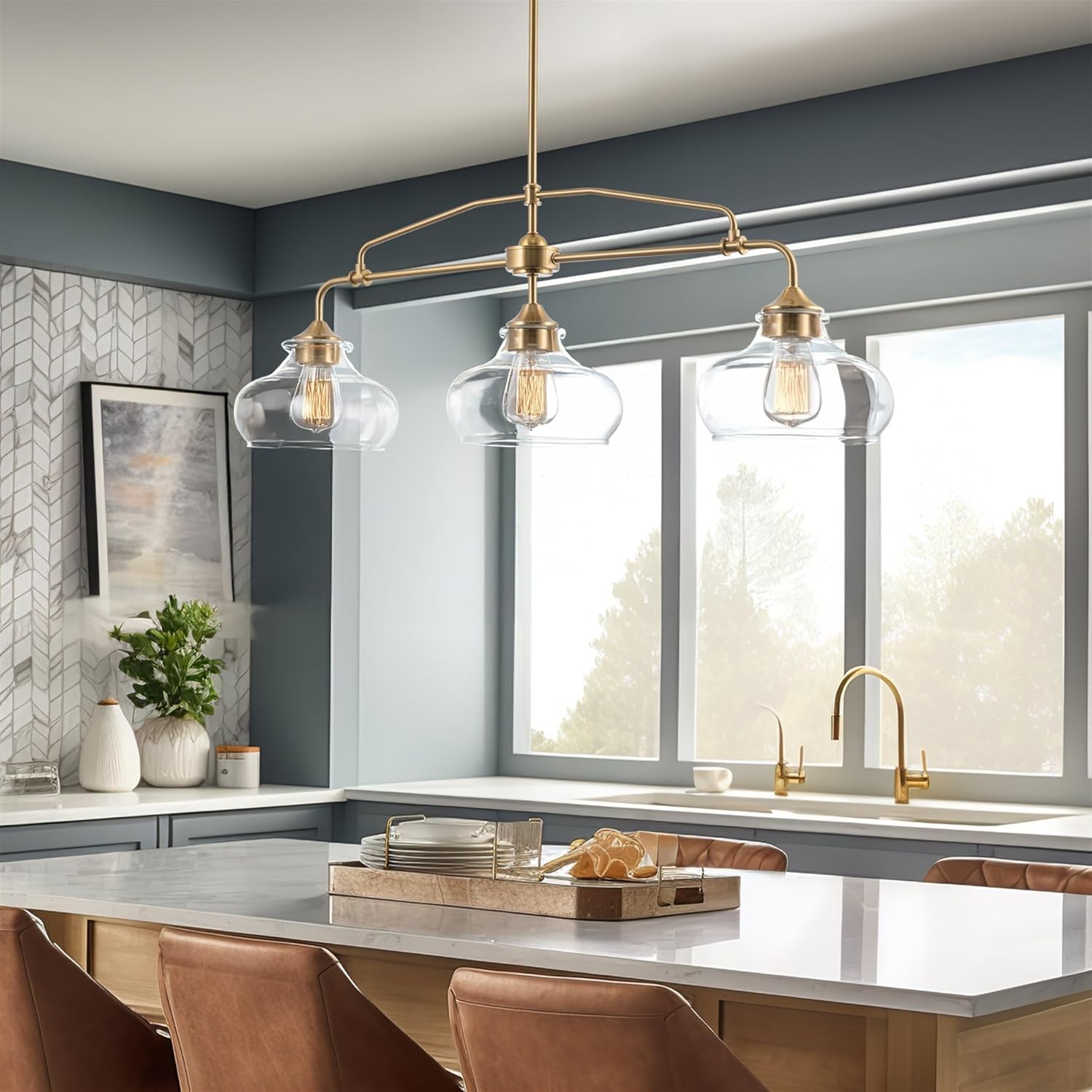 Kira Home Harlow 38" Modern Industrial Farmhouse 3-Light Kitchen Island Light with Clear Glass Shades, Adjustable Hanging Height, for Dining Room, Living Room or Kitchen, Cool Brass Finish